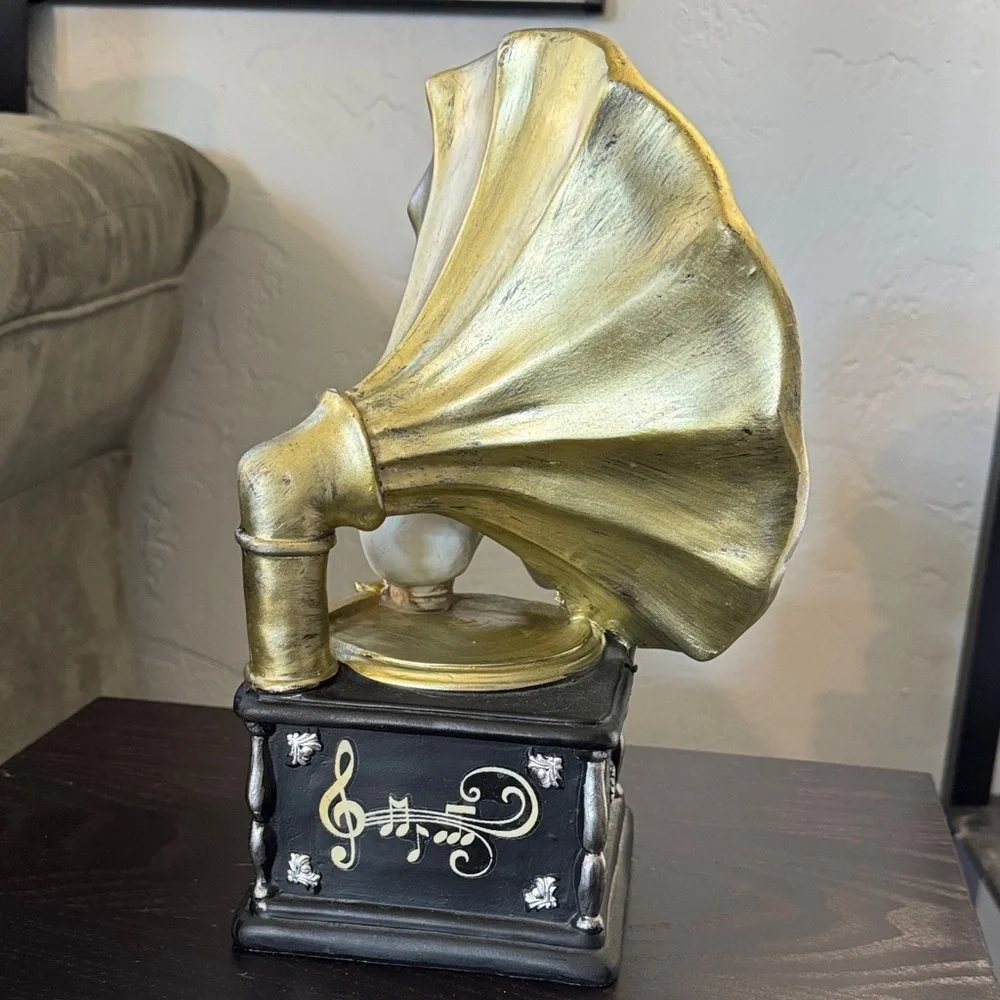 Vintage-Inspired Gold and Black Skull Phonograph Decor
